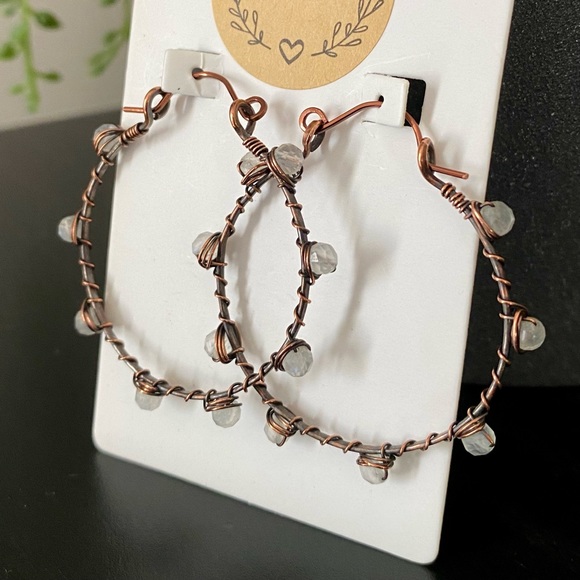 Handcrafted Moonstone + Hammered Copper Hoop Earrings - Picture 8 of 9